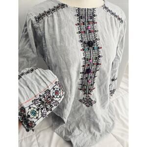 Vtg Boho M Top Egyptian Siwa Oasis Tunic Embroidery Gray Cotton Tribal Hippie